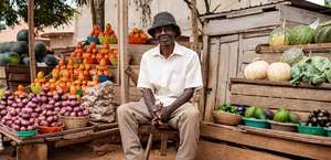 Ein Händler sitzt vor seinem Marktstand in Uganda, 2021. 