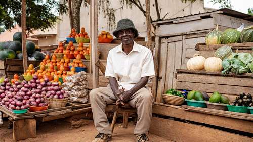 Ein Händler sitzt vor seinem Marktstand in Uganda, 2021. 